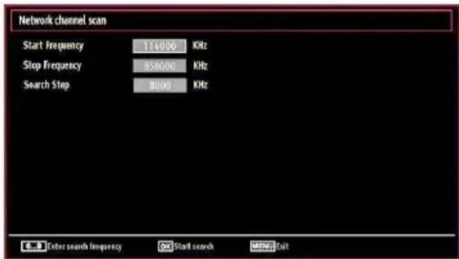 Network channel scan Start Frequency 114000 KHz Stop Frequency 858000 KHz Search Stop 8000 KHz C:\Enter search frequency O\Start search MENU Exit