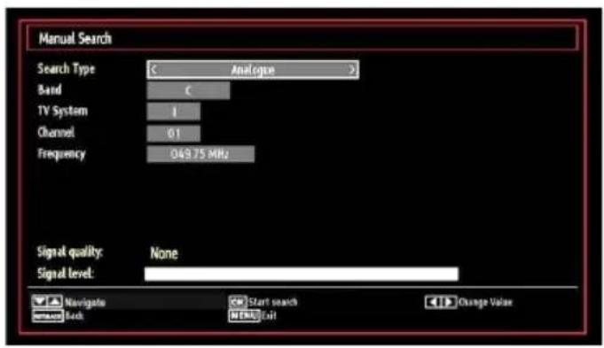 Manual Search Search Type Analogee Band C TV System I Channel 01 Frequency 049.75 MHz Signal quality: None Signal level: Navigate Start search Change Value Back MENU Exit
