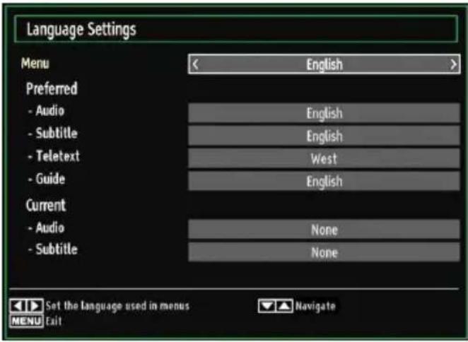 Language Settings Menu English Preferred - Audio English - Subtitle English - Teletext West - Guide English Current - Audio None - Subtitle None Set the language used in menus Navigate MENU Exit