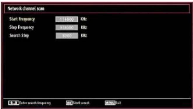 Network channel scan Start Frequency 114000 KHz Stop Frequency 853000 KHz Search Stop 8000 KHz Color search frequency OK Start search MENZ Cut