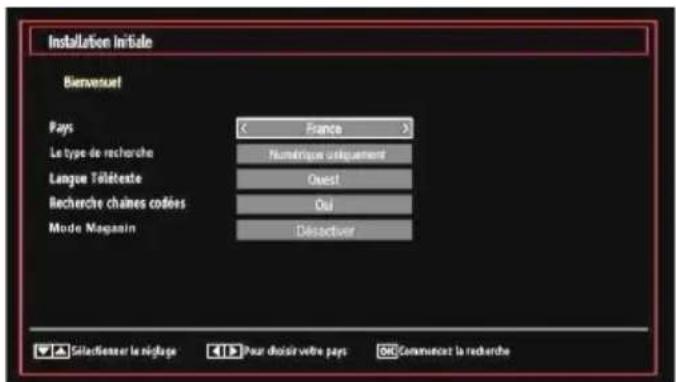 Installation initiale Bienvenueuf Pays < France > Le type de recherche Numérique jusqu'àment Langue Télèteste Ouest! Recherche chaîmes codées Oui Mode Magasin Désactiver Gélectiérer la récluge Pour choisir votre pays Commencant la recherche