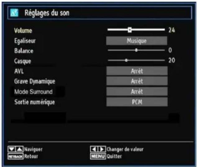 Réglages du son Volume 24 Egaliseur Musique Balance 0 Casque 20 AVL Arrêt Grave Dynamique Arrêt Mode Surround Arrêt Sortie numérique PCM Naviguer RETBACK Retour Changer de valeur MENU Quitter