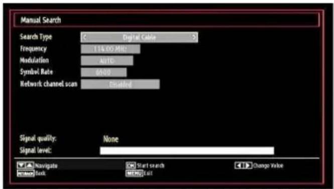 Manual Search Search Type: C Digital Cable Frequency: 114.00 MHz Modulation: A/10 Symbol Rate: 86.00 Network channel scan: Default Signal quality: None Signal level: Navigate Start search Change Value N=500 Back MENU Edit