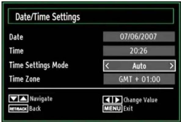 Date/Time Settings Date 07/06/2007 Time 20:26 Time Settings Mode < Auto > Time Zone GMT + 01:00 Navigate Change Value RET/BACK Back MENU Exit