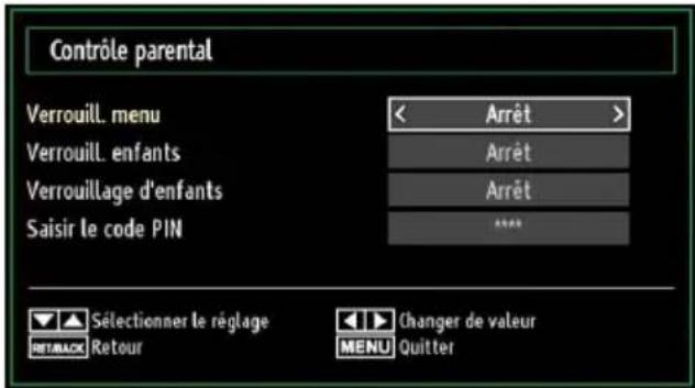Contrôle parental Verrouill. menu < Arrêt > Verrouill. enfants Arrêt Verrouillage d'enfants Arrêt Saisir le code PIN *** Sélectionner le réglage RET/BACK Retour Changer de valeur MENU Quitter