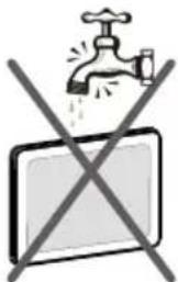 Safety warning symbol showing a faucet above a computer screen with crossed-out lines indicating prohibition or exclusion.