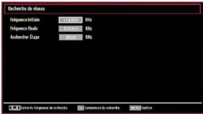 Recherche de réseau Fréquence initiale 114000 KHz Fréquence finale 458360 KHz Rechercher Étape 8000 KHz 0.5 Entrer la fréquence de recherche 50 Commencez la recherche MENU Quitter