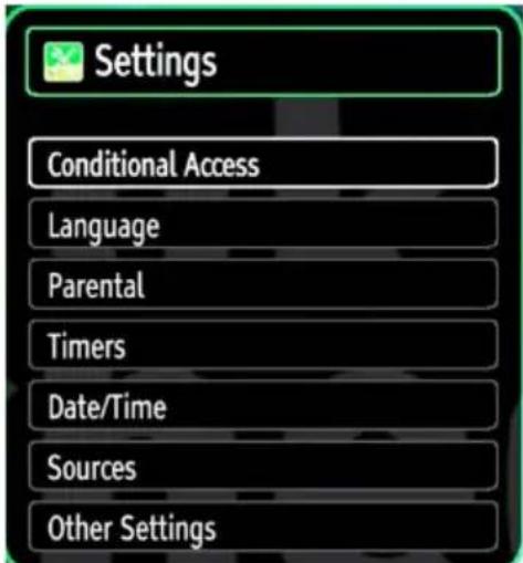 Settings Conditional Access Language Parental Timers Date/Time Sources Other Settings