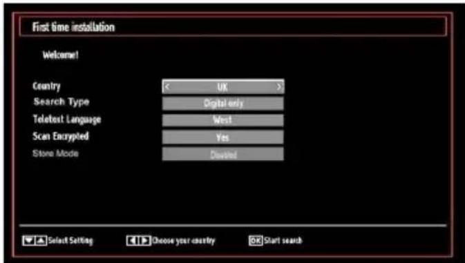 First time installation Welcome! Country < UK > Search Type Digital only Telatest Language-West Scan Encrypted Yes Store Mode Disected Select Setting Choose your country Start search