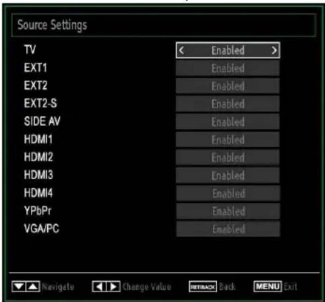Source Settings TV < Enabled > EXT1 Enabled EXT2 Enabled EXT2-S Enabled SIDE AV Enabled HDMI1 Enabled HDMI2 Enabled HDMI3 Enabled HDMI4 Enabled YPbPr Enabled VGA/PC Enabled Navigate Change Value RetBACK Back MENU Exit