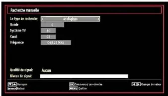 Recherche manuelle Le type de recherche C Analogique > Bande C Système TV BG Canal 02 Fréquence O48.25 MHz Qualité de signal: Aucun Niveau de signal: Mueigneur CM Communez la recherche C Changer de valeur Retour MENU Quitter