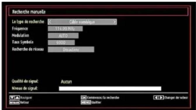 Recherche manuelle Le type de recherche Câte somérique Fréquence 114.00 MHz Modulation AUTO Taux Symbole 6500 Recherche de réseau Desactiers Qualité de signal: Aucun Niveau de signal: Modique Commence à la recherche Retour MENU Quitter Changer de valeur