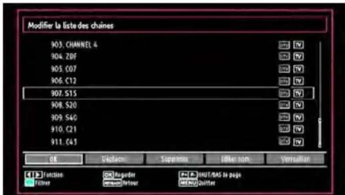 Modifier la liste des chaînes 903. CHANNEL 4 904. ZOF 905. C07 906. C12 907. S15 908. S20 909. S40 910. C21 911. C45 OK Cancel Supérieure Offier hors Verrailler Function Fillet OK Regular Regular FA P AUT/RAS le page MEN2 Quillet