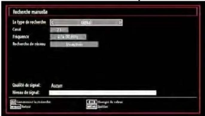 Recherche manuelle Le type de recherche: C DRLU Canal: 71 Fréquence: 27k DC MHz Recherche de réseau: Vireuxton Qualité de signal: Aucum Niveau de signal: Commentant la recherche CITI Changes de values Boutur Quaitier