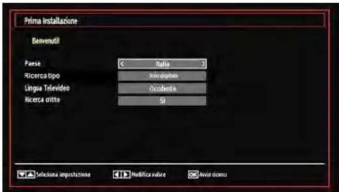 Prima Installazione Benvenuti! Paese Ricerca tipo Lingua Televideo Ricerca otto Italia Sino digitalo Occidente Si Sezione impostazione Modifica valore Avvio ricercu