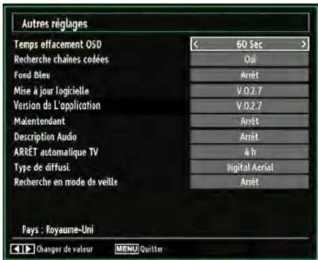 Autres réglages Temps effacement OSD Recherche chaînes codées Fond Bleu Mise à jour logicielle Version de L'application Maientendant Description Audio ARRÊT automatique TV Type de diffusi Recherche en mode de veille 60 Sec Oui Arrêt V.0.2.7 V.0.2.7 Arrêt Arrêt 4 h Digital Aerial Arrêt Pays : Royaume-Uni Changer de valeur MENU Quitter