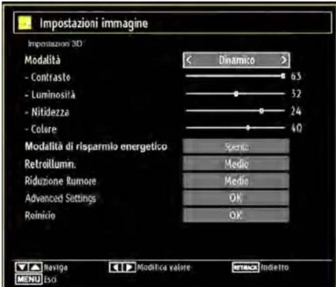 Impostazioni immagine Impostazioni 3D Modalità - Contrasto - Luminosità - Nitidezza - Colore Modalità di risparmio energetico Retroillumin. Riduzione Rumore Advanced Settings Reinizio < Dinamico > 63 32 24 40 Spento Medio Medio OK OK