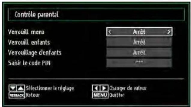 Contrôle parental Verrouill menu < Arrêt > Verrouill enfants Arrêt Verrouillage d'enfants Arrêt Saisir le code PIN *** Selectionner le réglage Changer de valeur RETBACK Retour MENU Quitter