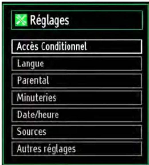 Réglages Accès Conditionnel Langue Parental Minuteries Date/heure Sources Autres réglages