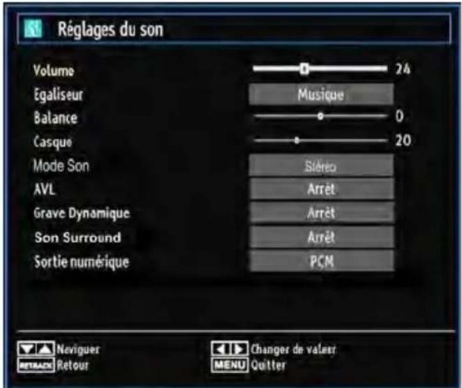 Réglages du son Volume Égaliseur Balance Casque Mode Son AVL Grave Dynamique Son Surround Sortie numérique 24 Musique 0 20 Stéréo Arrêt Arrêt Arrêt PCM Naviguer Retour Changer de valeur MENU Quitter