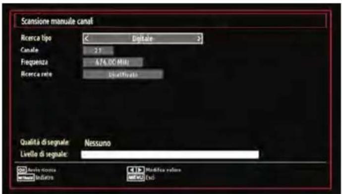 Scansione manuale canali Ricerca tipo Digitale Canale 21 Frequenza 474.00 MHz Ricerca rile Qualità di segnale: Nessuno Livello di segnale: Aviva ricerca Industria Modifica value (€x)