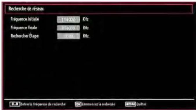 Recherche de réseau Fréquence initiale 114000 kHz Fréquence finale 954000 kHz Rechercher Étape 8000 kHz Exterrá fréquence de recherche Communes à la recherche MENA Quitter