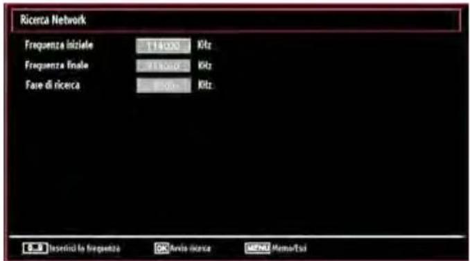 Ricerca Network Frequenza inizielle 114000 kHz Frequenza finale 915000 kHz Fare di ricerca 85000 kHz Insertivi lo frequenza OK Avvio ricerca MENU Memo/Esi
