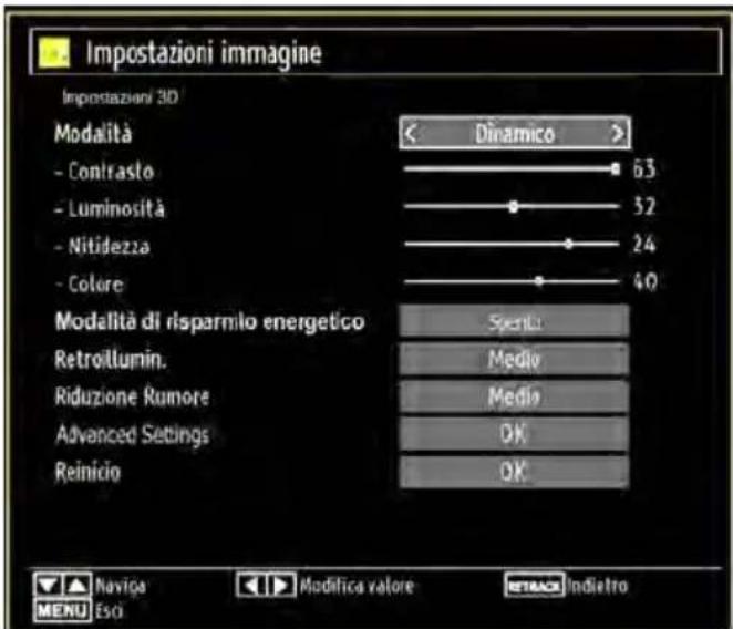 Impostazioni immagine Impostazioni 3D Modalità - Contrasto - Luminosità - Nitidezza - Colore Modalità di risparmio energetico Retrollumin. Riduzione Rumore Advanced Settings Reinizio < Dinamico > 63 52 24 40 Spento Media Media OK OK Naviga Modifica valore Indietro MENU Esci