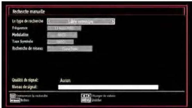 Recherche manuelle Le type de recherche Féquence Modulation Taux Symbole Recherche de réseau Qualité de signal: Niveau de signal: Autun Compuer la recherche Charger de volume Bouss MEN Quillet