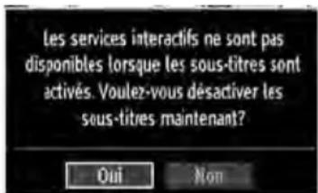 Les services interactifs ne sont pas disponibles lorsque les sous-titres sont activés. Voulez-vous désactiver les sous-titres maintenant? Oui Non