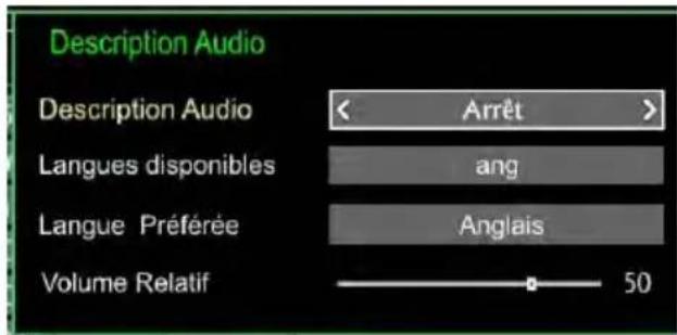 Description Audio Description Audio < Arrêt > Langues disponibles ang Langue Préférée Anglais Volume Relatif 50