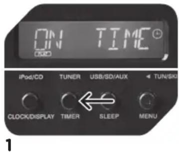 ON TIME iPod/CD TUNER USB/SD/AUX TUN/SKO CLOCK/DISPLAY TIMER SLEEP MENU