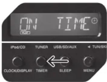 ON TIME iPod/CD TUNER USB/SD/AUX TUN/SKI CLOCK/DISPLAY TIMER SLEEP MENU