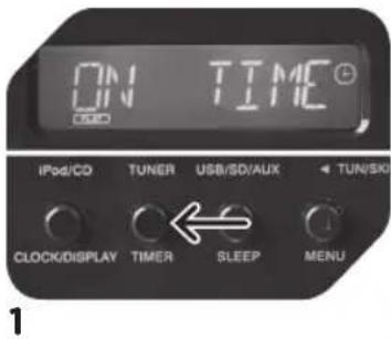 ON TIME IPod/CD TUNER USB/SD/AUX TUN/SKI CLOCK/DISPLAY TIMER SLEEP MENU