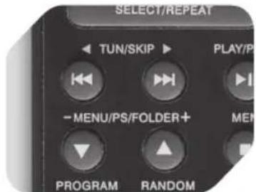 SELECT/REPEAT TUN/SKIP ▶ PLAY/P -MENU/PS/FOLDER+ PROGRAM RANDOM