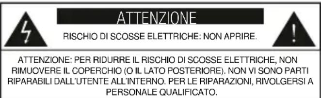 ATTENZIONE RISCHIO DI SCOSSE ELETTRICHE: NON APRIRE. ATTENZIONE: PER RIDURRE IL RISCHIO DI SCOSSE ELETTRICHE, NON RIMUOVERE IL COPERCHIO (O IL LATO POSTERIORE). NON VI SONO PARTI RIPARABILI DALL'UTENTE ALL'INTERNO. PER LE RIPARAZIONI, RIVOLGERSI A PERSONALE QUALIFICATO.