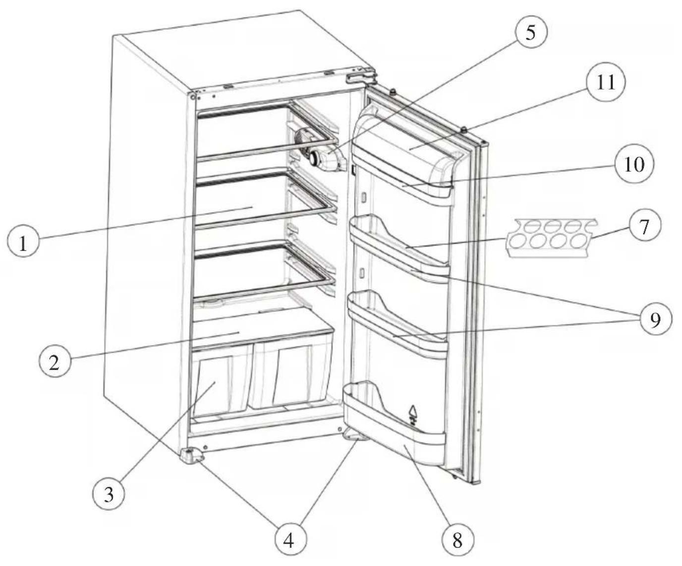 Labeled diagram of a refrigerator interior showing numbered components for identification