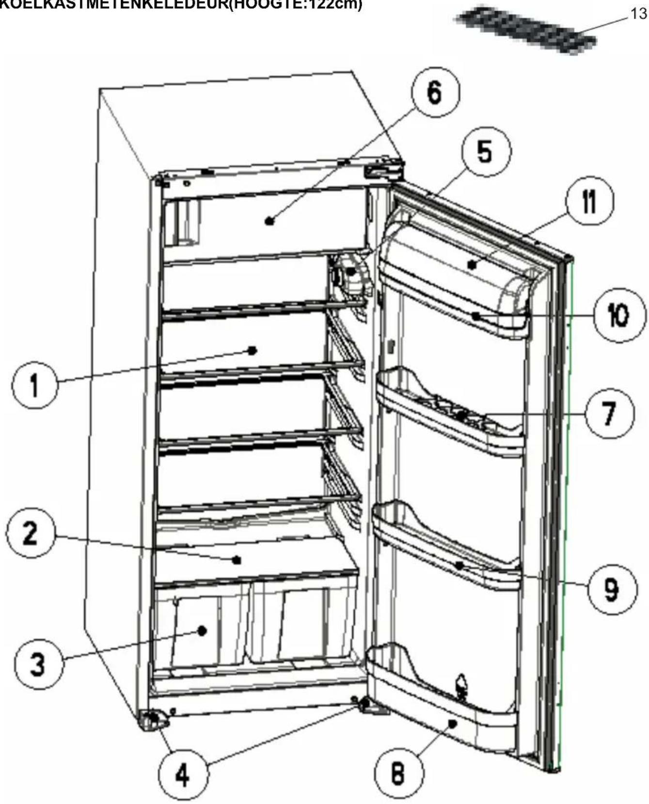 KOELKASTMETENKELEDEUR(HOOGTE:122cm) 13 6 5 11 10 7 9 4 8