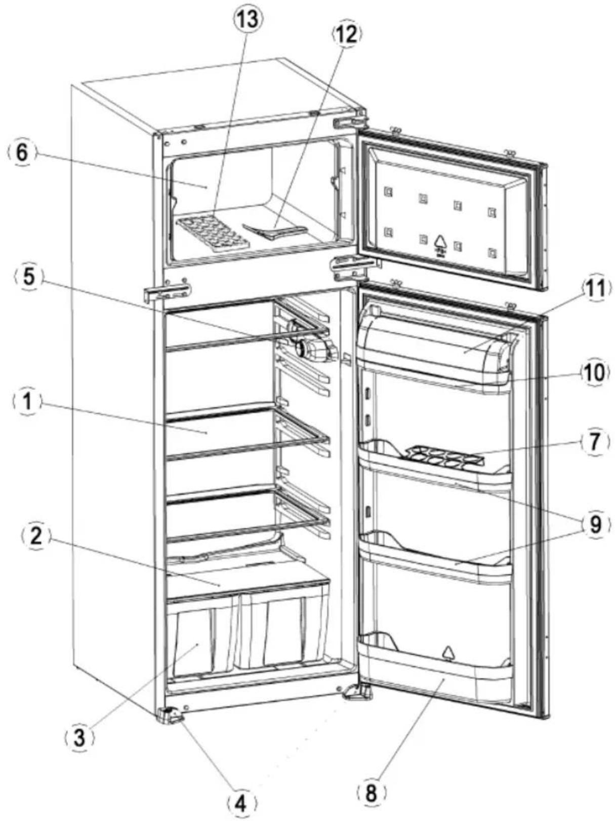 Labeled diagram of a refrigerator interior showing numbered components for identification