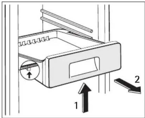 Diagram of a refrigerator drawer with labeled parts and directional arrows indicating movement or assembly.