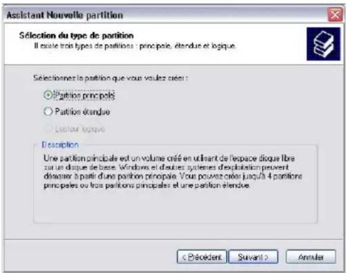 Assistant Nouvelle partition Sélection du type de partition Il existe trois types de partitions : principale, étendue et logique. Sélectionnez la partition que vous voulez créer : ● Partition principale ○ Partition étendue ● Lécteur logique Description Une partition principale est un volume créé en utilisant de l'espace disque libre zur un disque de base. Windows et d'autres systèmes d'exploitation peuvent démater à partir d'une partition principale. Vous pouvez créer jusqu'à 4 partitions principales ou trois partitions principales et une partition étendue.