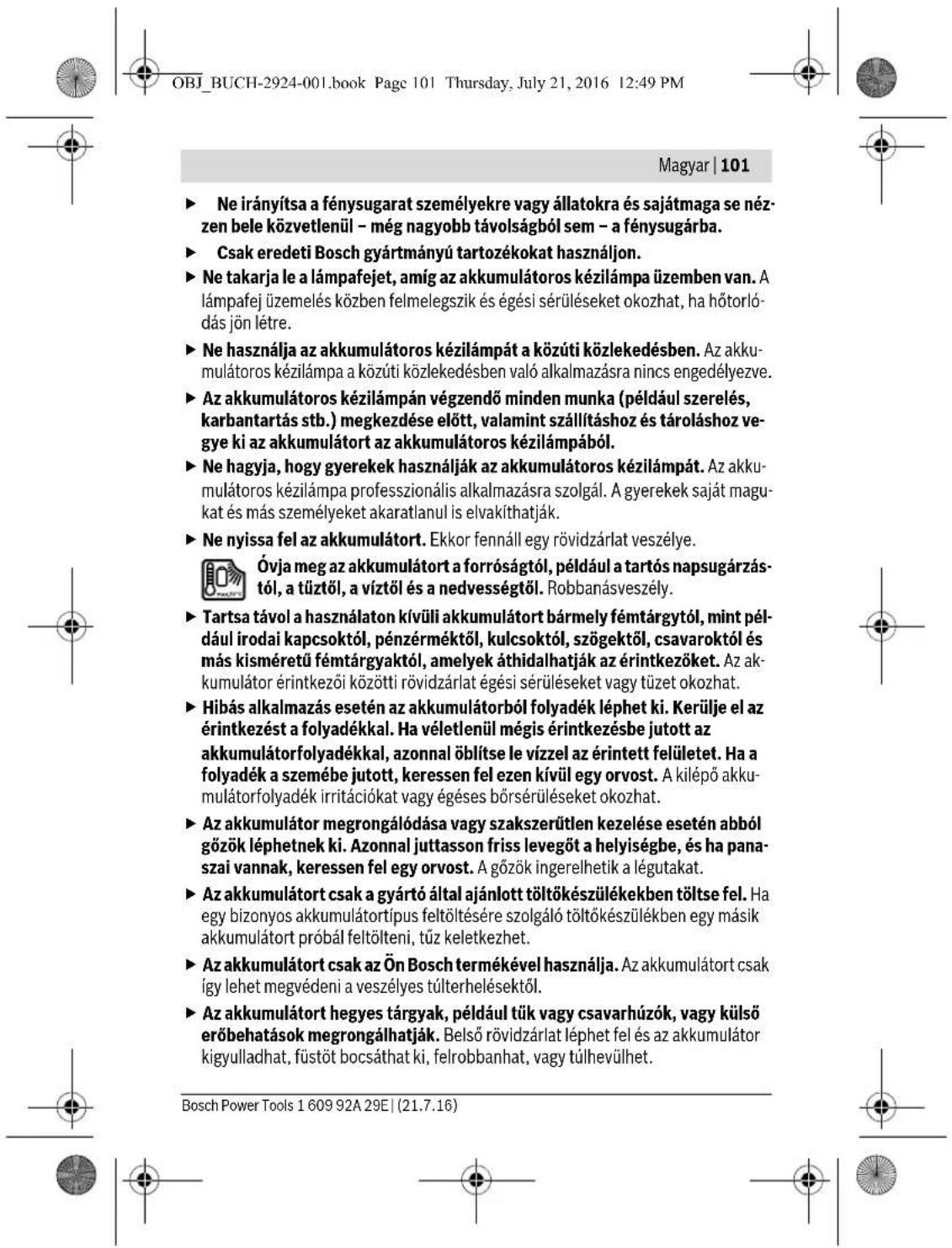 BOSCH GOP 12V28 Professional - Biztonsagi eloirasok az akkumulatoros lampakhoz - 9