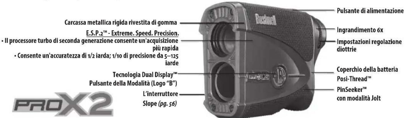 Carcassa metallica rigida rivestita di gomma E.S.P.2™ - Extreme. Speed. Precision. • Il processore turbo di seconda generazione consente un'acquisizione più rapida • Consente un'accuratezza di 1/2 iarda; 1/10 di precisione da 5-125 iarde Tecnologia Dual Display™ Pulsante della Modalità (Logo "B") L'interruttore Slope (pg. 56) Pulsante di alimentazione Ingrandimento 6x Impostazioni regolazione diottrie Coperchio della batteria Posi-Thread™ PinSeeker™ con modalità Jolt