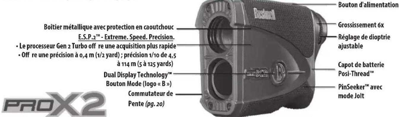 Bouton d'alimentation Grossissement 6x E.S.P.2™ - Extreme. Speed. Precision. • Le processeur Gen 2 Turbo off re une acquisition plus rapide • Off re une précision à 0,4 m (1/2 yard) ; précision 1/10 de 4,5 à 114 m (5 à 125 yards) Dual Display Technology™ Bouton Mode (logo « B ») Commutateur de Pente (pg. 20) Capot de batterie Posi-Thread™ PinSeeker™ avec mode Jolt