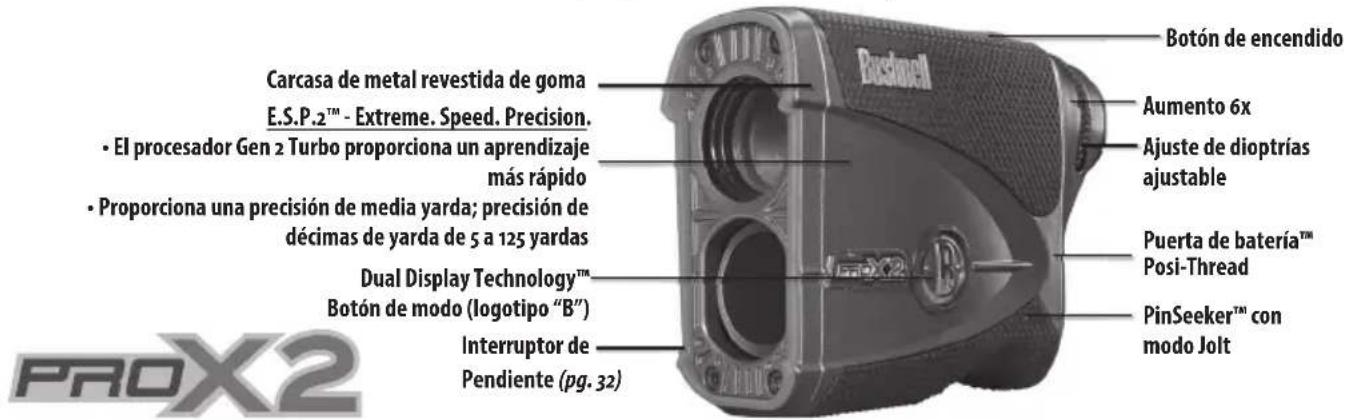 Botón de encendido Carcasa de metal revestida de goma E.S.P.2™ - Extreme. Speed. Precision. • El procesador Gen 2 Turbo proporciona un aprendizaje más rápido • Proporciona una precisión de media yarda; precisión de décimas de yarda de 5 a 125 yardas Dual Display Technology™ Botón de modo (logotipo "B") Interruptor de Pendiente (pg. 32) Aumento 6x Ajuste de dioptrías ajustable Puerta de batería™ Posi-Thread PinSeeker™ con modo Jolt
