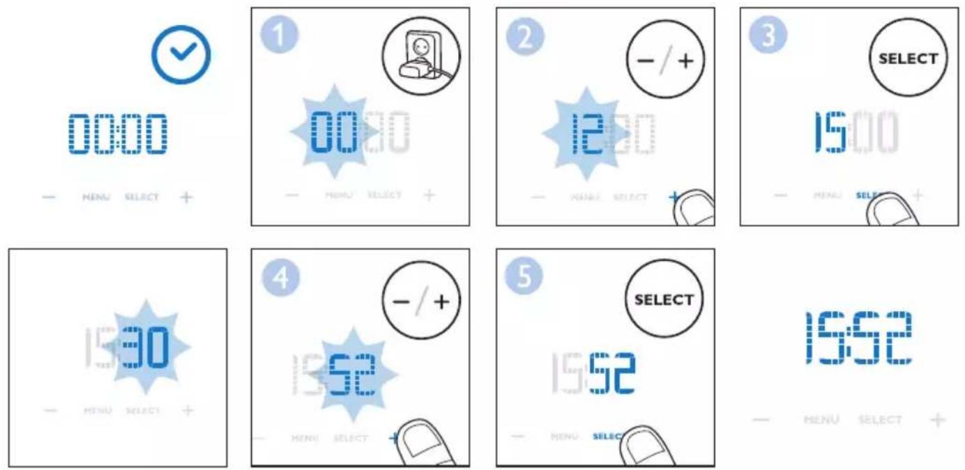 0000 - MENU SELECT + 1 00:30 - MENU SELECT + 2 - /+ 12:30 - MENU SELECT + 3 SELECT 15:00 - MENU SELECT + 4 - /+ 15:52 - MENU SELECT + 5 SELECT 15:52 - MENU SELECT + 16:52 - MENU SELECT +