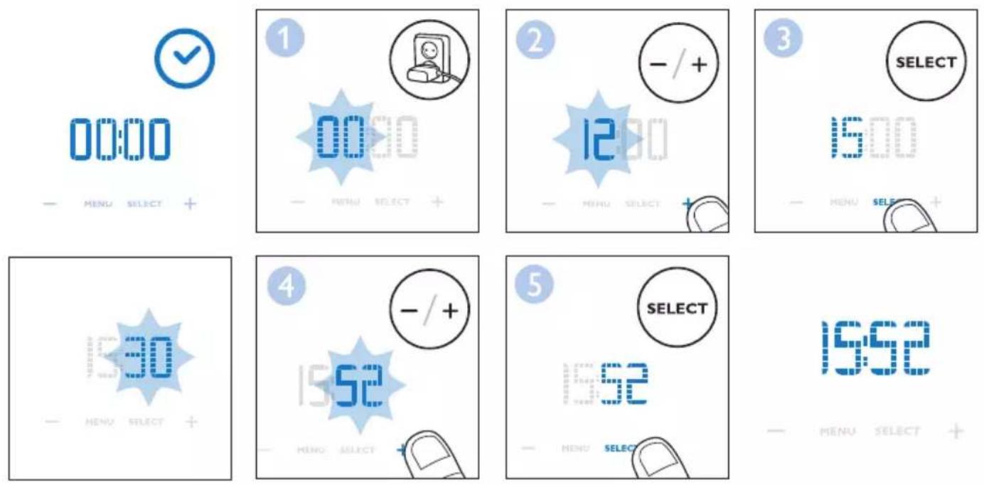 00:00 MENU SELECT + 1 00:00 MENU SELECT + 2 -/+ 12:00 MENU SELECT + 3 SELECT 15:00 MENU SELECT + 4 -/+ 15:52 MENU SELECT + 5 SELECT 15:52 MENU SELECT + 16:52 MENU SELECT +