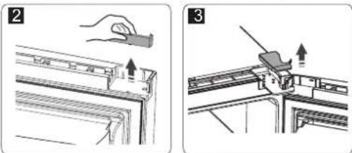 Technical diagram showing two steps of a door handle assembly: step 2 indicates hand placement, step 3 shows tool insertion with arrows indicating movement.