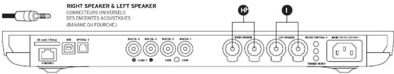 RIGHT SPEAKER & LEFT SPEAKER CONNECTEURS UNIVERSELS DES ENCEINTES ACOUSTIQUES (BANANE OU FOURCHE.) 3D card / Setup USB OPTICAL 1 DIGITAL 4 DIGITAL 2 DIGITAL 2 DIGITAL 1 JLINE 1 JINER JINER H+ I- LEFT SPEAKER LEFT SPEAKER 80-007 / OPTION 1 MANGE 100-500 (FOS) TOMBER 9 (FOS)
