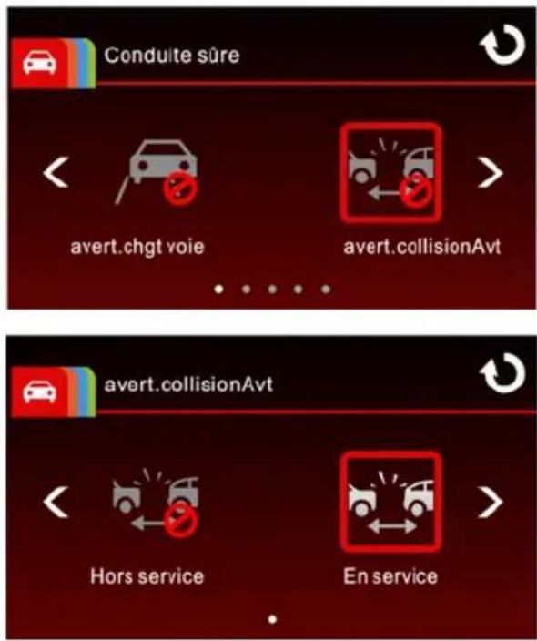 Conduite sûre avert.chgt voie avert.collisionAvt avert.collisionAvt Hors service En service